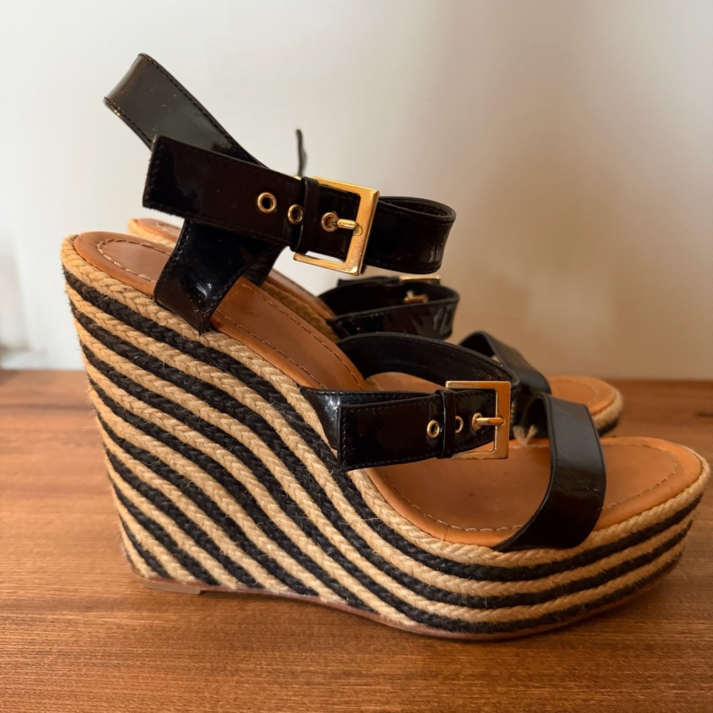 Kate Spade Darla Espadrille Wedge Sandals Patent Leather Striped Sz 10.5 Spring